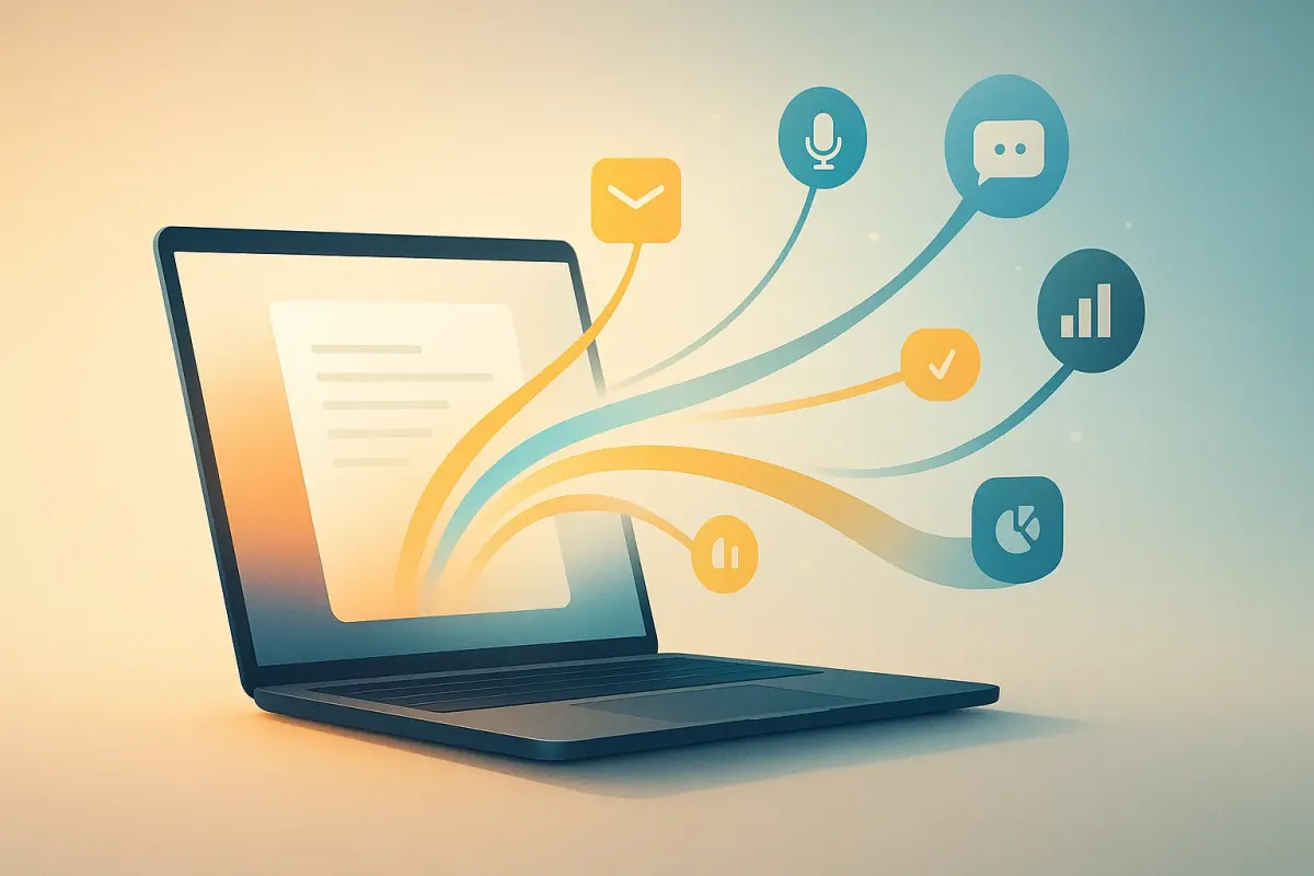 Minimalistische Illustration eines Laptops, aus dessen Bildschirm farbige Linien zu Symbolen für Video, Podcast und Social Media führen – Darstellung des Konzepts Content Recycling 2.0.