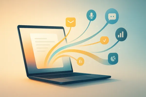 Minimalistische Illustration eines Laptops, aus dessen Bildschirm farbige Linien zu Symbolen für Video, Podcast und Social Media führen – Darstellung des Konzepts Content Recycling 2.0.